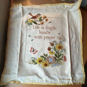Vtg 80s Completed Life is Fragile Prayer Crewel Embroidery Bird Wall Hanging